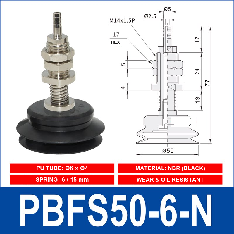 PBFS-50-6-N – NBR PBFS spring-loaded vacuum cup mount with technical dimensions