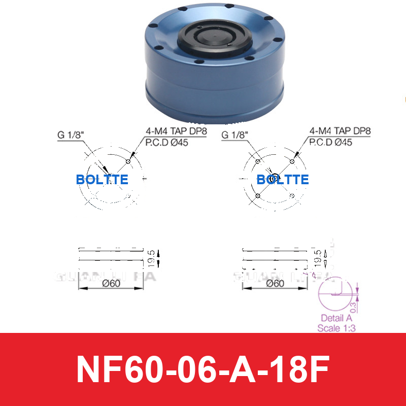 NF60-06-A-18F, Bernoulli non-contact vacuum cup or fitting with technical dimensions
