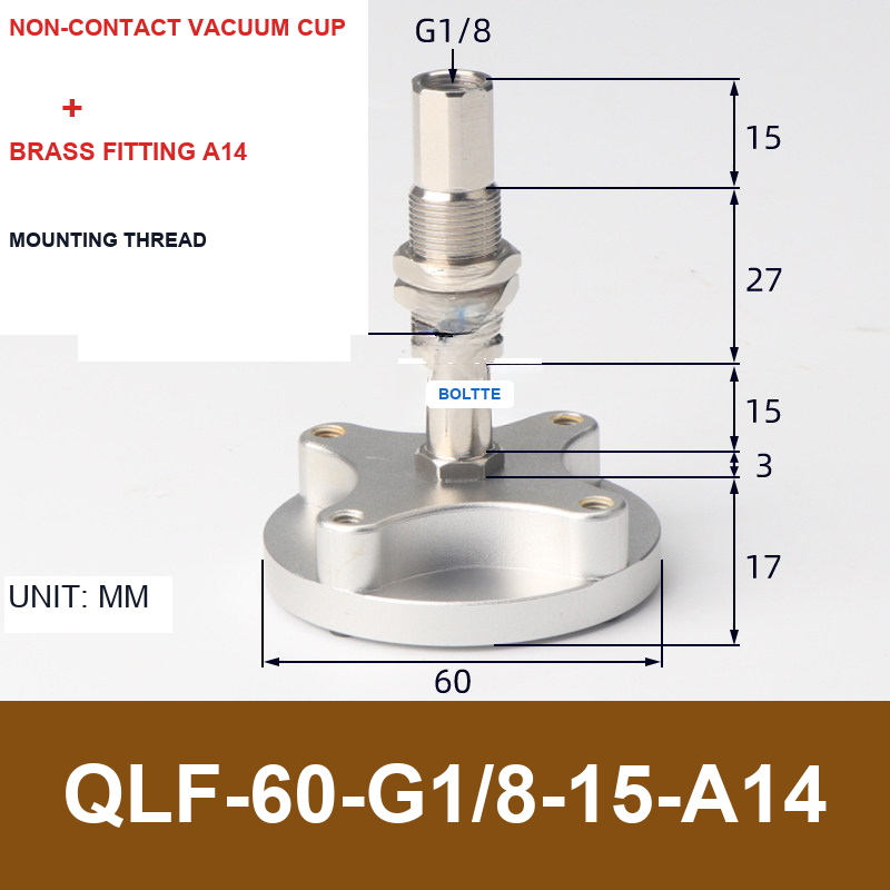 QLF-60-G1/8-15-A14, Bernoulli non-contact vacuum cup or fitting with technical dimensions