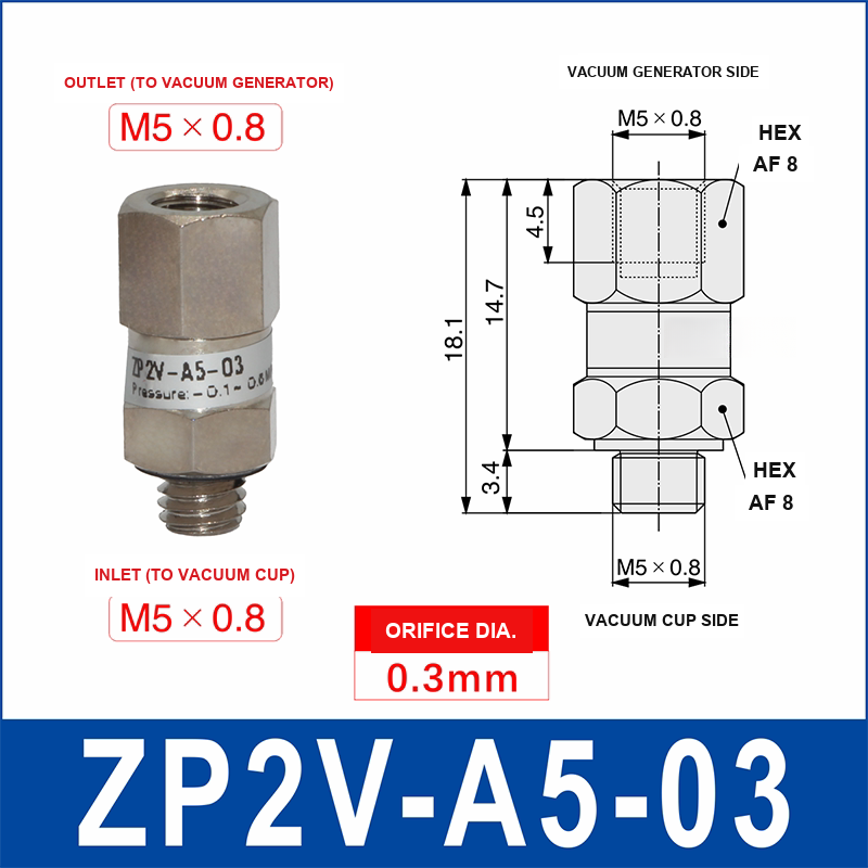 ZP2V-A5-03 ZP2V vacuum safety valve with product view and dimensional drawing