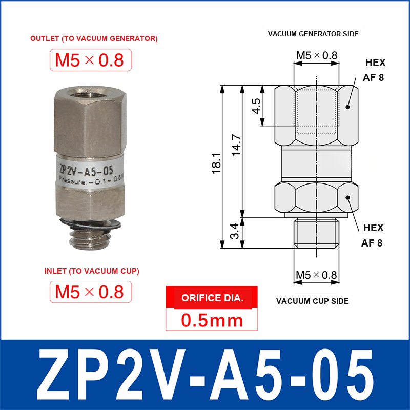 ZP2V-A5-05 ZP2V vacuum safety valve with product view and dimensional drawing