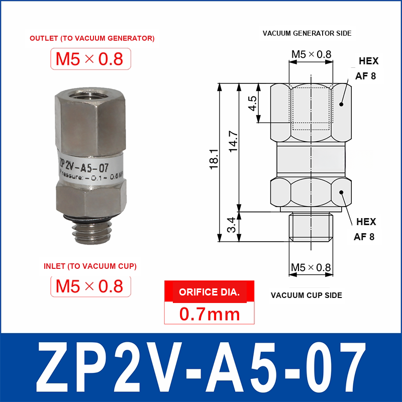 ZP2V-A5-07 ZP2V vacuum safety valve with product view and dimensional drawing