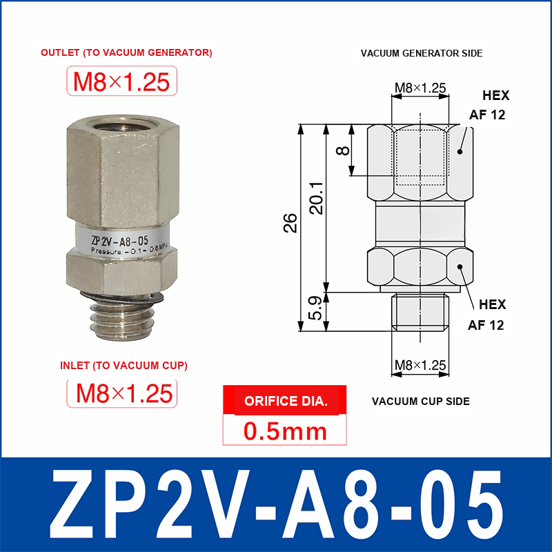 ZP2V-A8-05 ZP2V vacuum safety valve with product view and dimensional drawing
