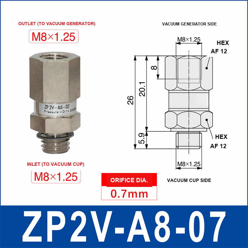 ZP2V-A8-07 ZP2V vacuum safety valve with product view and dimensional drawing