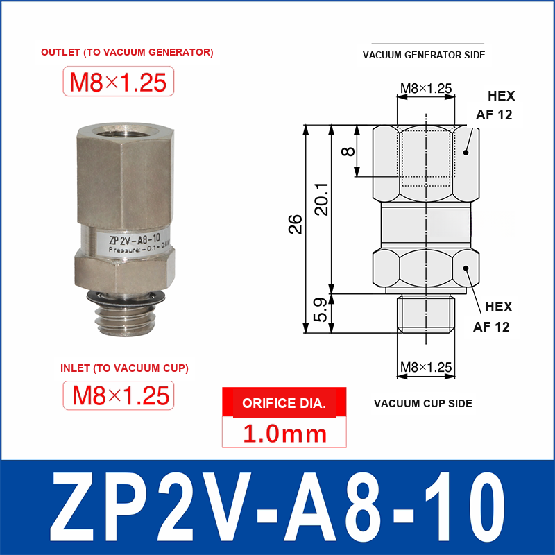 ZP2V-A8-10 ZP2V vacuum safety valve with product view and dimensional drawing