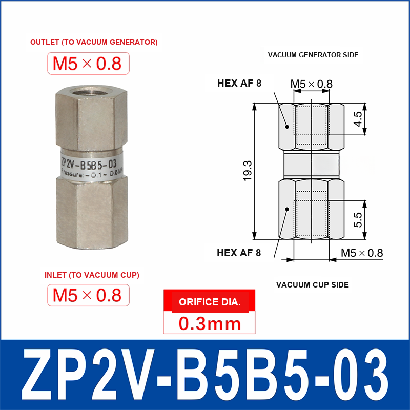 ZP2V-B5B5-03 ZP2V vacuum safety valve with product view and dimensional drawing