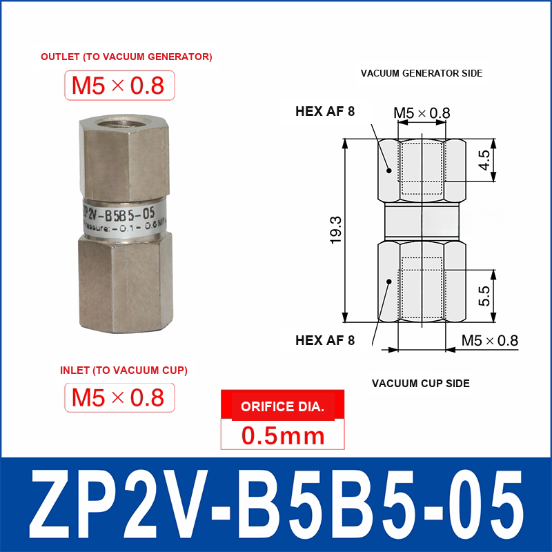 ZP2V-B5B5-05 ZP2V vacuum safety valve with product view and dimensional drawing