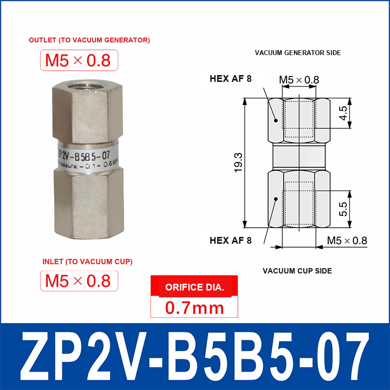 ZP2V-B5B5-07 ZP2V vacuum safety valve with product view and dimensional drawing