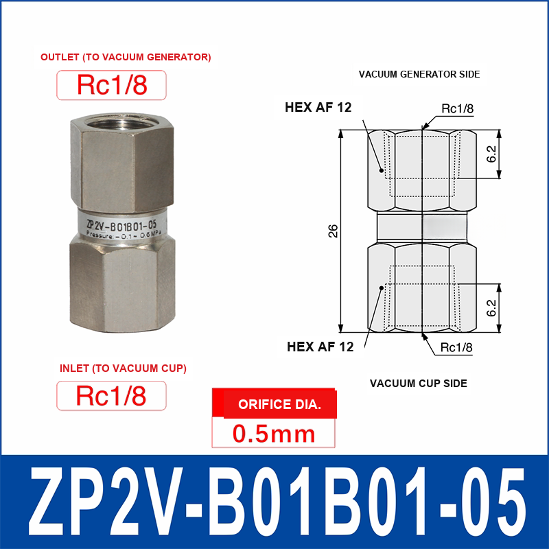 ZP2V-B01B01-05 ZP2V vacuum safety valve with product view and dimensional drawing