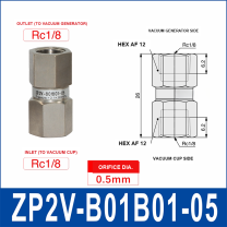 ZP2V-B01B01-05 ZP2V vacuum safety valve with product view and dimensional drawing