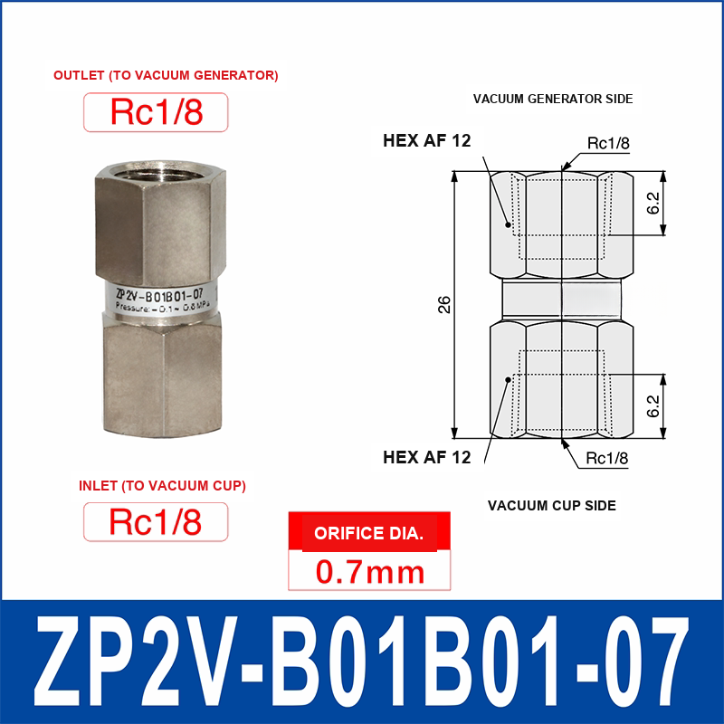ZP2V-B01B01-07 ZP2V vacuum safety valve with product view and dimensional drawing