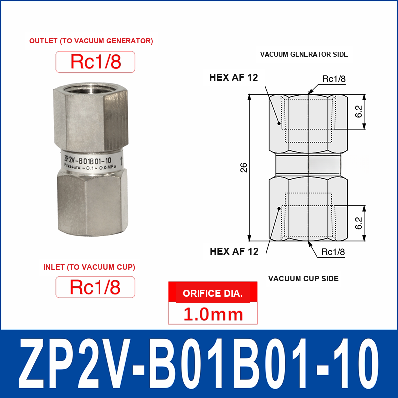 ZP2V-B01B01-10 ZP2V vacuum safety valve with product view and dimensional drawing