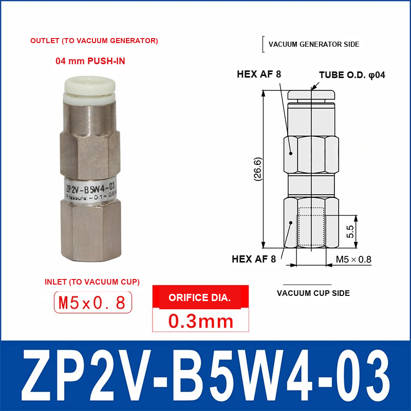 ZP2V-B5W4-03 ZP2V vacuum safety valve with product view and dimensional drawing