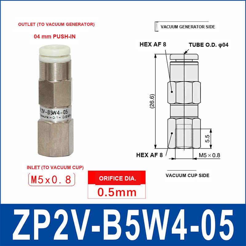 ZP2V-B5W4-05 ZP2V vacuum safety valve with product view and dimensional drawing