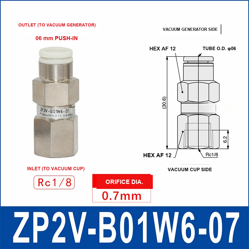 ZP2V-B01W6-07 ZP2V vacuum safety valve with product view and dimensional drawing