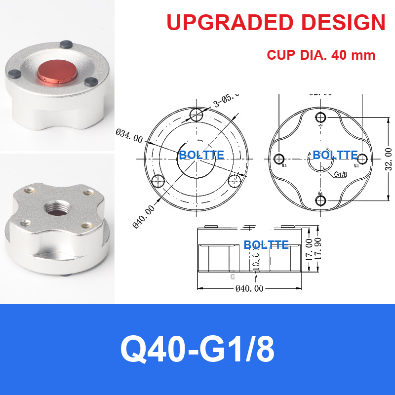 Q40-G1/8, Bernoulli non-contact vacuum cup or fitting with technical dimensions