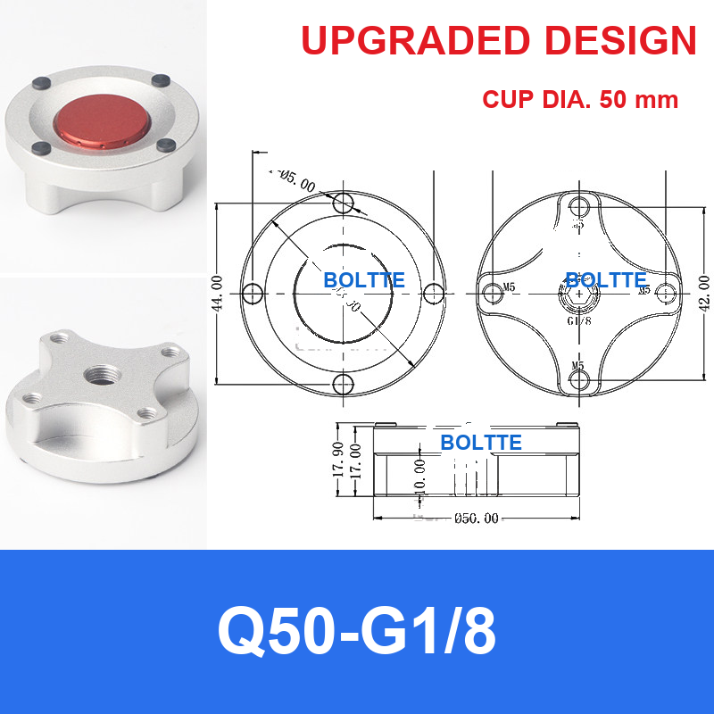 Q50-G1/8, Bernoulli non-contact vacuum cup or fitting with technical dimensions