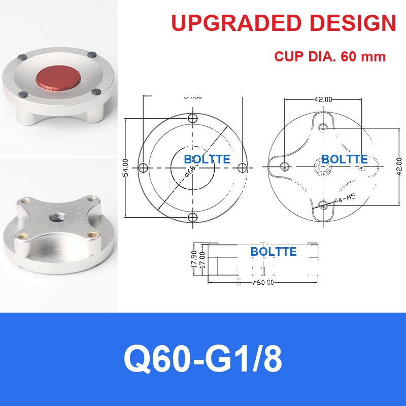 Q60-G1/8, Bernoulli non-contact vacuum cup or fitting with technical dimensions