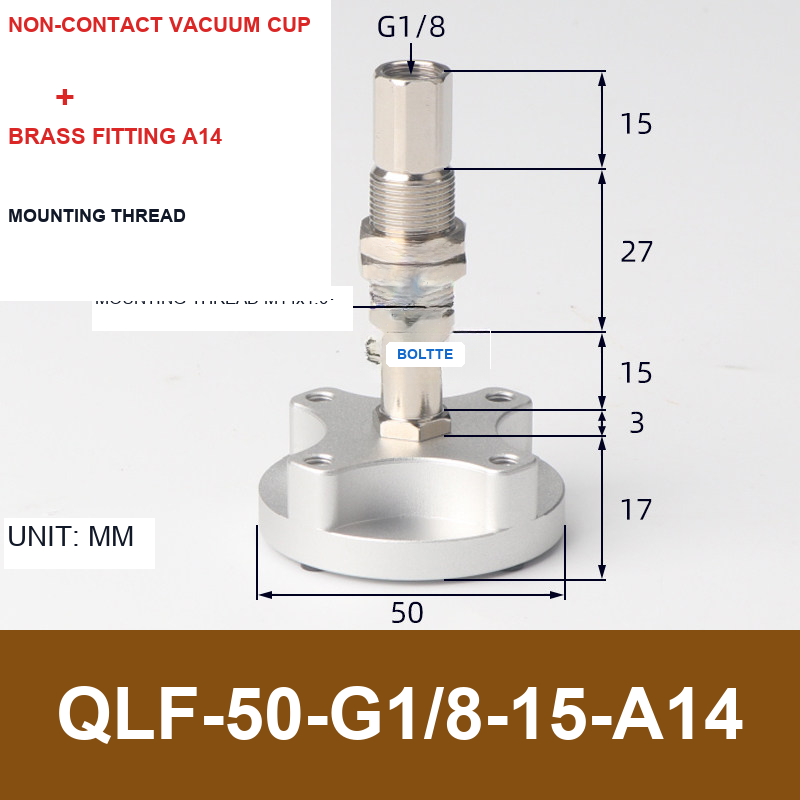 QLF-50-G1/8-15-A14, Bernoulli non-contact vacuum cup or fitting with technical dimensions