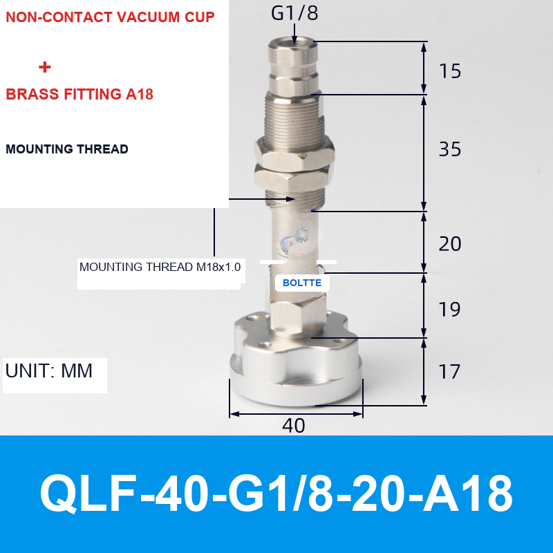 QLF-40-G1/8-20-A18, Bernoulli non-contact vacuum cup or fitting with technical dimensions