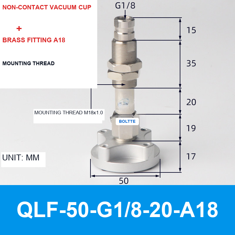 QLF-50-G1/8-20-A18, Bernoulli non-contact vacuum cup or fitting with technical dimensions