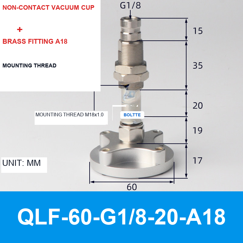 QLF-60-G1/8-20-A18, Bernoulli non-contact vacuum cup or fitting with technical dimensions