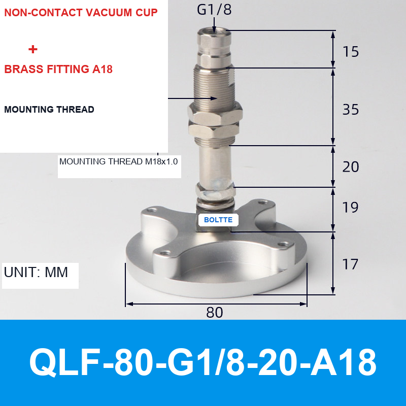 QLF-80-G1/8-20-A18, Bernoulli non-contact vacuum cup or fitting with technical dimensions