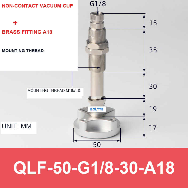 QLF-50-G1/8-30-A18, Bernoulli non-contact vacuum cup or fitting with technical dimensions