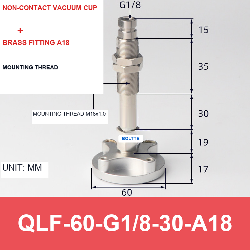 QLF-60-G1/8-30-A18, Bernoulli non-contact vacuum cup or fitting with technical dimensions