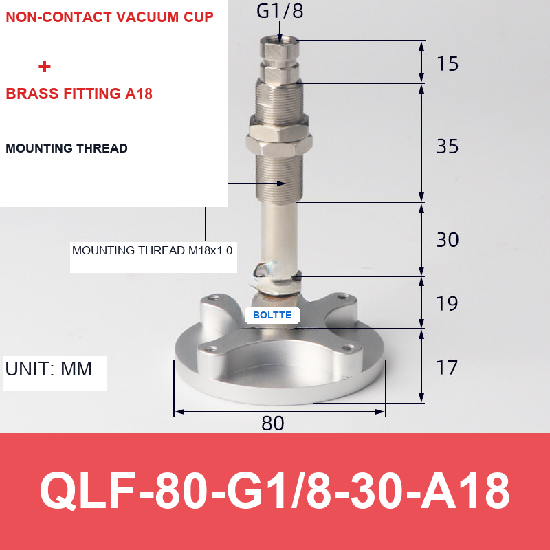 QLF-80-G1/8-30-A18, Bernoulli non-contact vacuum cup or fitting with technical dimensions