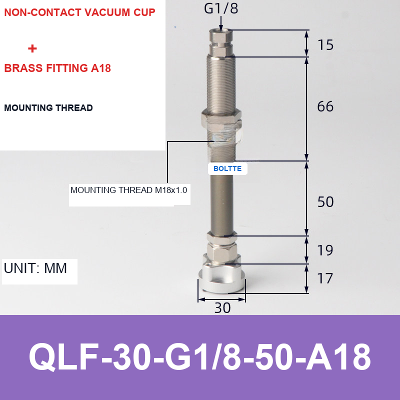 QLF-30-G1/8-50-A18, Bernoulli non-contact vacuum cup or fitting with technical dimensions