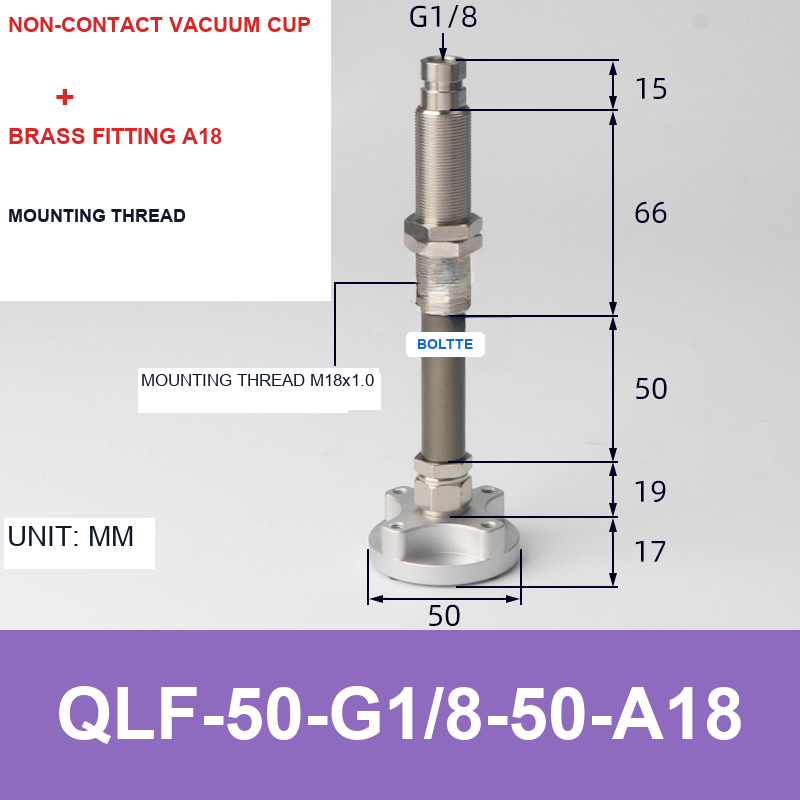 QLF-50-G1/8-50-A18, Bernoulli non-contact vacuum cup or fitting with technical dimensions
