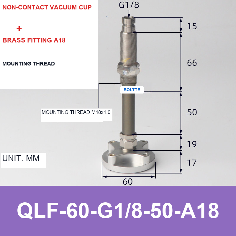 QLF-60-G1/8-50-A18, Bernoulli non-contact vacuum cup or fitting with technical dimensions