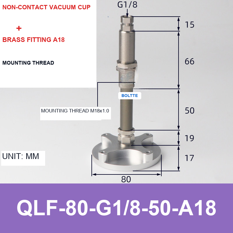 QLF-80-G1/8-50-A18, Bernoulli non-contact vacuum cup or fitting with technical dimensions