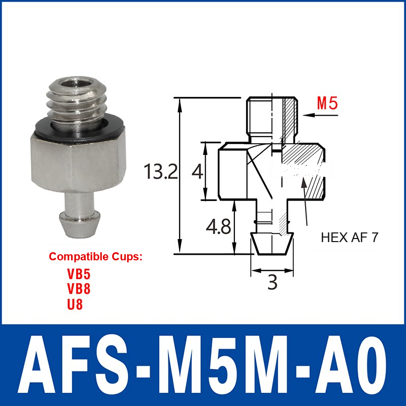 AFS-M5M-A0 – M5 Male Thread, Type A0, aluminum-alloy vacuum cup adapter, M5 Male connection, with technical dimensions
