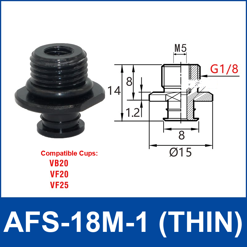 AFS-18M-1 – G1/8 Male Thread, Thin, aluminum-alloy vacuum cup adapter, G1/8 Male connection, black finish, with technical dimensions
