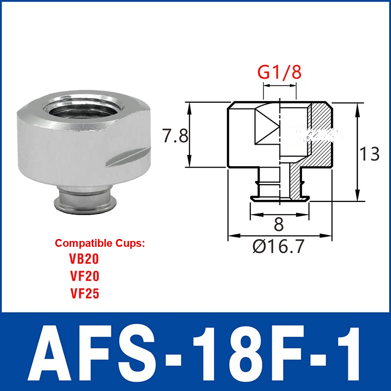 AFS-18F-1 – G1/8 Female Thread, aluminum-alloy vacuum cup adapter, G1/8 Female connection, with technical dimensions