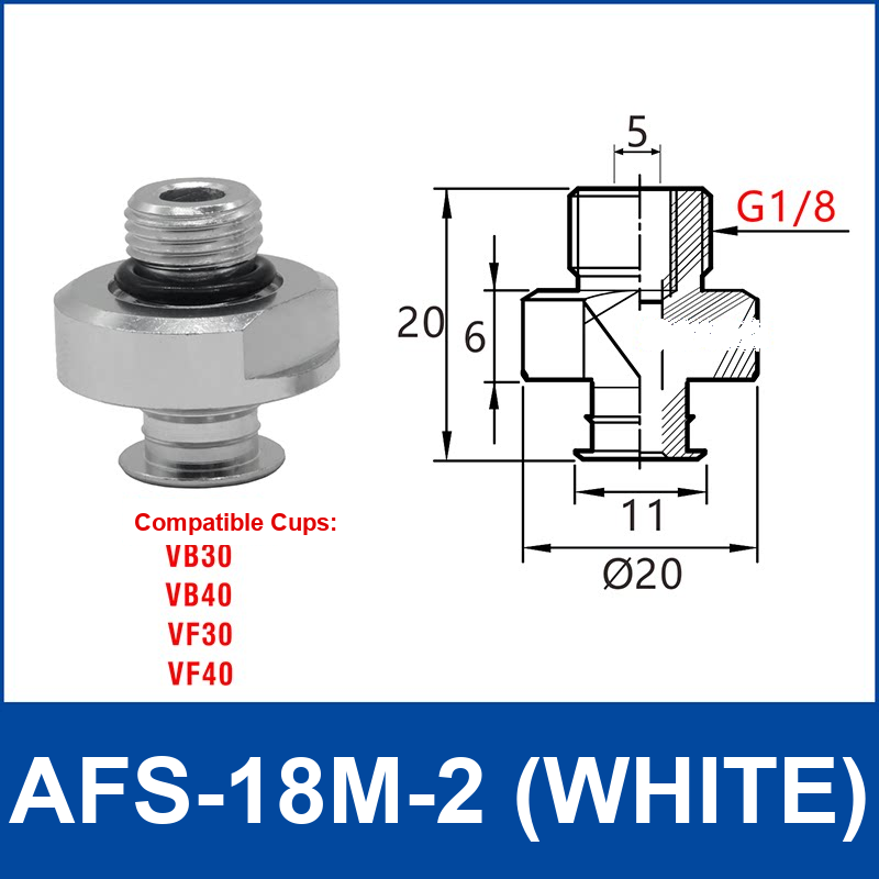 AFS-18M-2 – G1/8 Male Thread, White, aluminum-alloy vacuum cup adapter, G1/8 Male connection, white finish, with technical dimensions