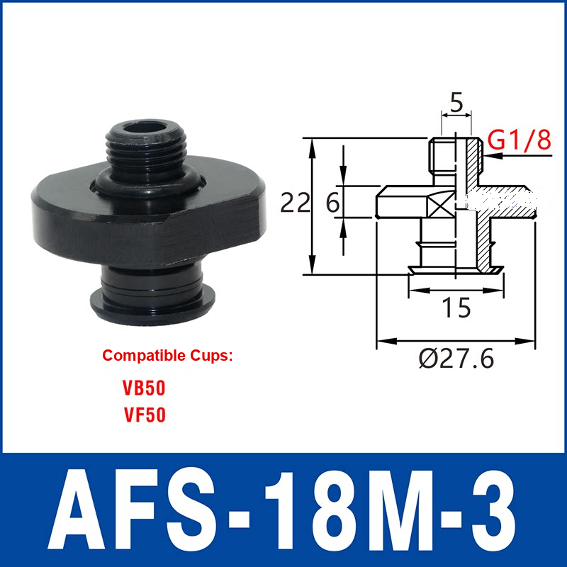 AFS-18M-3 – G1/8 Male Thread, Type 3, aluminum-alloy vacuum cup adapter, G1/8 Male connection, black finish, with technical dimensions