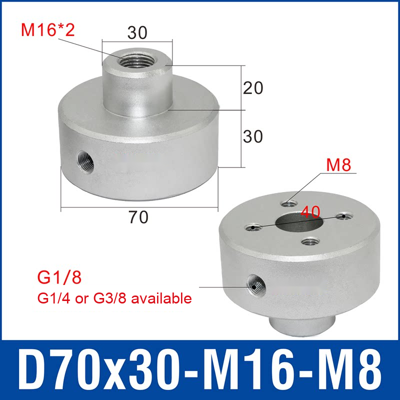 D70X30-M16-M8 heavy-duty aluminum vacuum cup mounting block, M16×2 mounting thread, M8 base, with product view and dimensional drawing