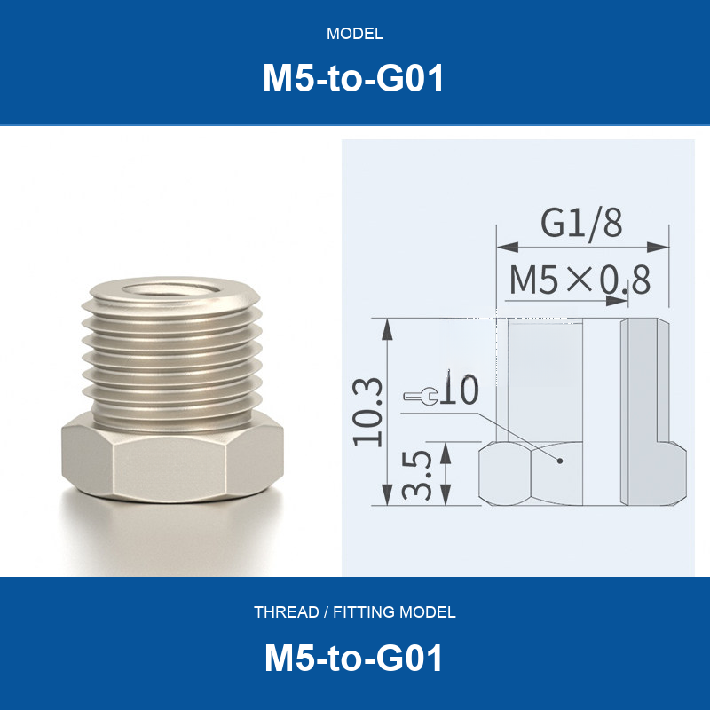 M5-to-G01 threaded vacuum cup mount fitting with product view and dimensional drawing