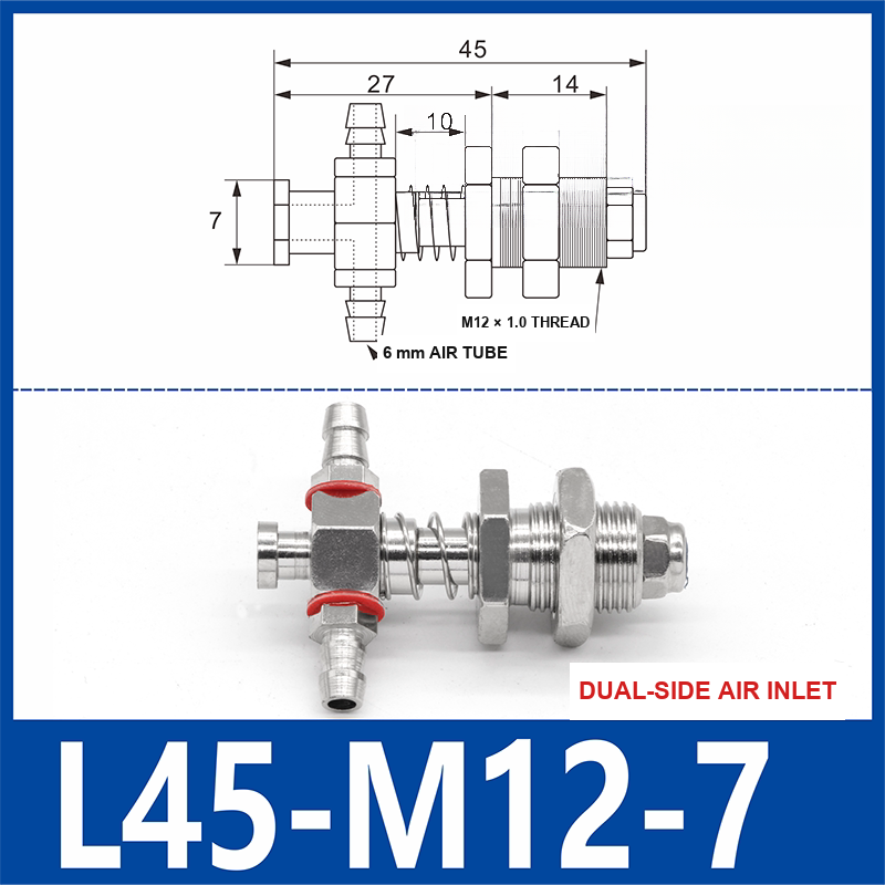 L45-M12-07-DSI small-head dual-side air-inlet vacuum cup buffer mount, 45 mm length, M12 × 1.0 mounting thread, with product view and dimensional drawing