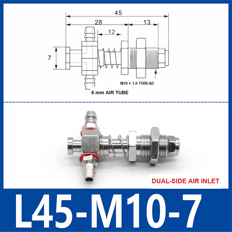 L45-M10-07-DSI small-head dual-side air-inlet vacuum cup buffer mount, 45 mm length, M10 × 1.0 mounting thread, with product view and dimensional drawing