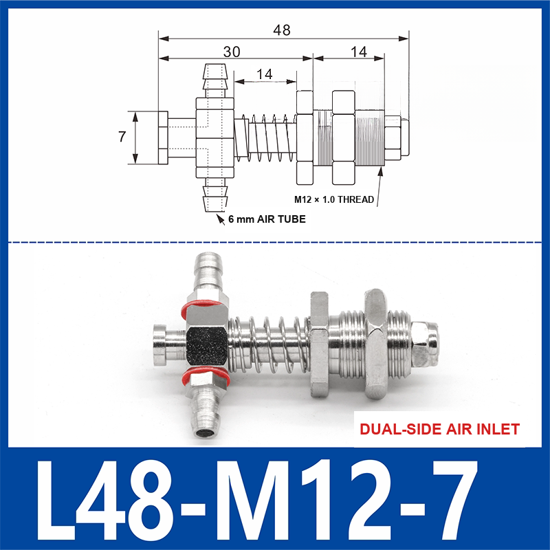 L48-M12-07-DSI small-head dual-side air-inlet vacuum cup buffer mount, 48 mm length, M12 × 1.0 mounting thread, with product view and dimensional drawing