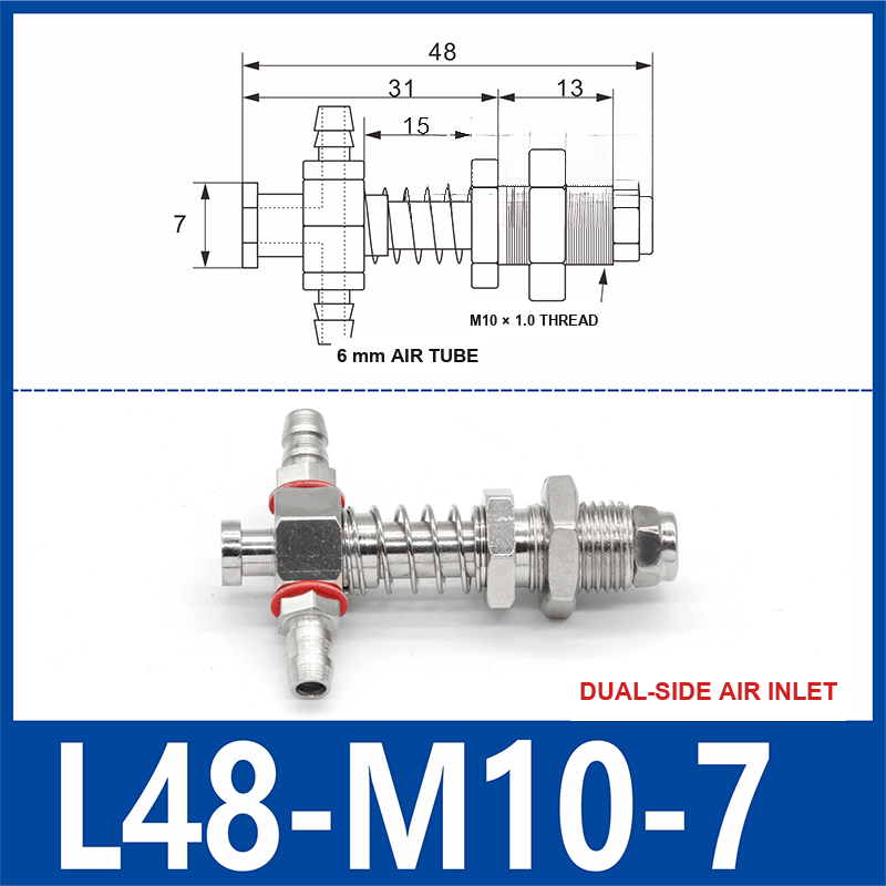 L48-M10-07-DSI small-head dual-side air-inlet vacuum cup buffer mount, 48 mm length, M10 × 1.0 mounting thread, with product view and dimensional drawing