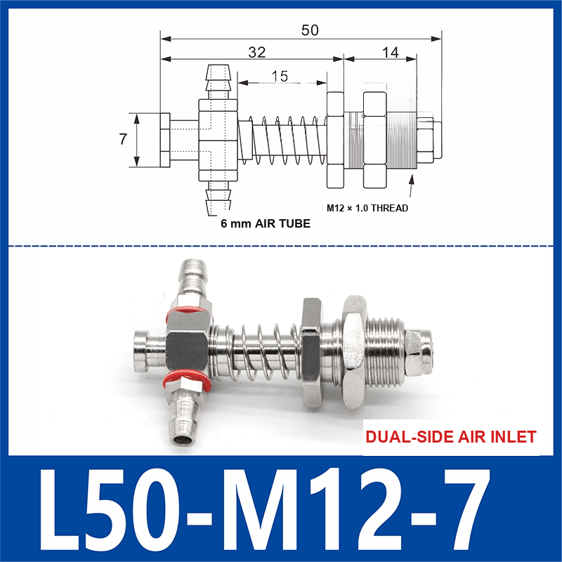 L50-M12-07-DSI small-head dual-side air-inlet vacuum cup buffer mount, 50 mm length, M12 × 1.0 mounting thread, with product view and dimensional drawing