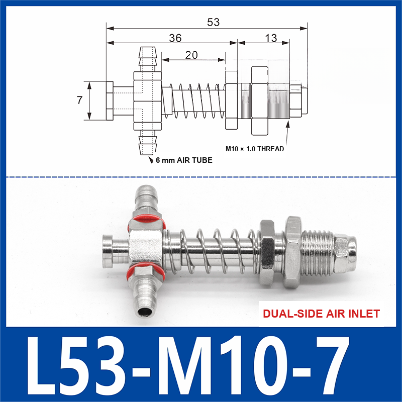 L53-M10-07-DSI small-head dual-side air-inlet vacuum cup buffer mount, 53 mm length, M10 × 1.0 mounting thread, with product view and dimensional drawing