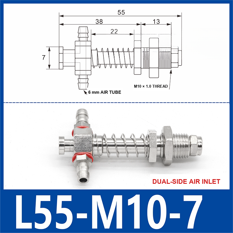 L55-M10-07-DSI small-head dual-side air-inlet vacuum cup buffer mount, 55 mm length, M10 × 1.0 mounting thread, with product view and dimensional drawing