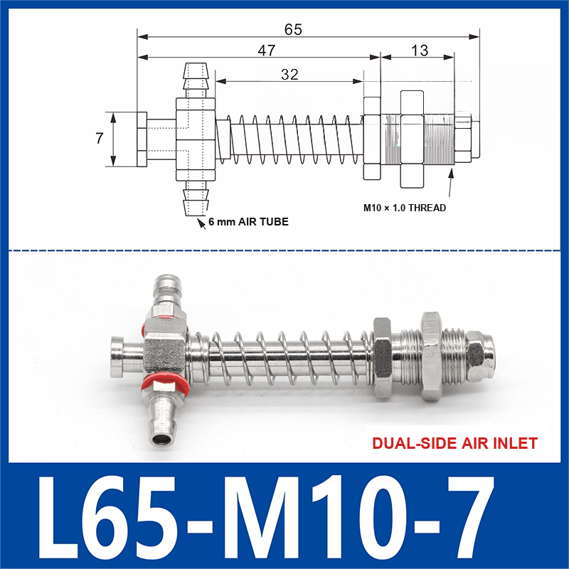 L65-M10-07-DSI small-head dual-side air-inlet vacuum cup buffer mount, 65 mm length, M10 × 1.0 mounting thread, with product view and dimensional drawing