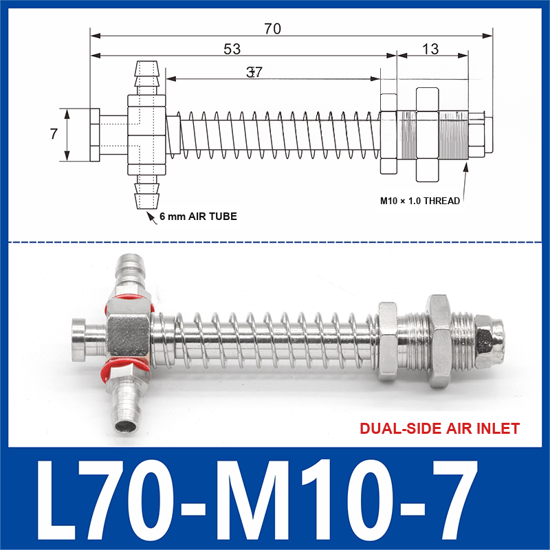 L70-M10-07-DSI small-head dual-side air-inlet vacuum cup buffer mount, 70 mm length, M10 × 1.0 mounting thread, with product view and dimensional drawing